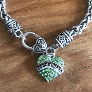Color Guard Green Rhinestone Heart Rope Bracelet